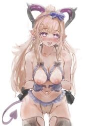 1girl absurdres arknights arknights:_endfield ass_visible_through_thighs blonde_hair blonde_pubic_hair blue_bow blue_gloves bow breasts cleavage clione_(shinobusc2) colored_pubic_hair commentary cowboy_shot english_commentary female_pubic_hair four-finger_heart_hands gloves hair_bow hairband heart heart-shaped_pubic_hair heart_hands highres horns large_breasts liino_(arknights) lingerie long_hair mole mole_on_breast navel nipples open_mouth panties partially_fingerless_gloves pointy_ears ponytail pubic_hair purple_eyes purple_hairband purple_tail pussy revealing_clothes see-through_clothes see-through_panties shaped_pubic_hair simple_background solo star-shaped_pupils star_(symbol) symbol-shaped_pupils tail tongue tongue_out underwear variant_set white_background