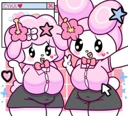 2d 2d_(artwork) 2d_artwork 2girls barely_contained barely_contained_breasts big_breasts black_skirt blush blushing_female bowtie breasts bunny_ears bunny_girl bunny_tail button_down_shirt buttoned_shirt cursor cute cute_face cute_female cute_girl cyka♡ flower flower_in_hair hair_accessory hair_ornament happy happy_female happy_girl heart heart_symbol hearts_on_face hello_kitty_(series) huge_breasts mouse_(computer) my_melody onegai_my_melody peace_sign pink_fur pink_hair pink_shirt rabbit rabbit_ears rabbit_girl rabbit_tail sanrio school school_uniform schoolgirl schoolgirl_uniform selfie sheep sheep_ears sheep_girl sheep_tail skirt smile smiling smiling_female sparkle sparkles sparkling_eyes twitter_link v_sign white_body white_skin