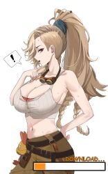 ! 1girls absurdres belt black_belt blonde_hair blue_eyes braid breasts brown_pants buta_dong cleavage crop_top female gemma_(monster_hunter_wilds) goggles goggles_around_neck high_ponytail highres large_breasts long_hair midriff mole mole_on_breast monster_hunter_(series) navel pants ponytail progress_bar sideways_glance simple_background solo spoken_exclamation_mark very_long_hair white_background