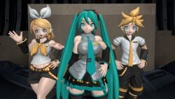 1boy 2girls 2girls1boy 3d big_breasts blue_hair hatsune_miku kabalmystic_(style) kagamine_len kagamine_rin long_hair looking_at_viewer muscular_female sfm short_hair source_filmmaker thick_thighs twintails vocaloid yellow_hair