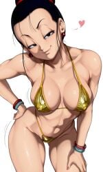 ai_generated angle_view ass bangs bent_over big_hips black_eyes black_hair chichi dragon_ball dragon_ball_z dynamic_angle half-closed_eyes hand_on_hip jewelry kamehasutra looking_at_viewer mature_female medium_breasts milf milk niamy seductive_look skinny sling_bikini smug_smile spread_legs standing taller_female thick_thighs wide_hips yellow_bikini