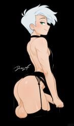 arched_back backsack black_background black_dress covering_crotch danny_fenton danny_phantom earrings femboy garter_straps green_eyes huge_balls looking_at_viewer nickelodeon open_back_dress partially_visible_penis profile seductive seductive_smile self_upload thegreatick thick_thighs thighhighs western_art white_hair