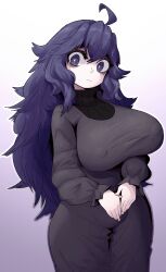 ahoge big_breasts clothed dress hex_maniac plump_breasts pokemon purple_dress purple_eyes purple_hair sub-neamo turtleneck