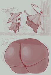 anthro arthropod ass big_butt blush bodily_fluids bottom_heavy bottomless clinking cloak clothed clothing cymbals digital_drawing_(artwork) digital_media_(artwork) duo female hollow_knight:_silksong hollow_knight_(franchise) hornet_(hollow_knight) insects looking_at_butt male male/female monochrome musical_instrument nail_(weapon) oblivious percussion_instrument sewing_needle sherma_(hollow_knight:_silksong) simple_background size_difference sweat team_cherry zlut385