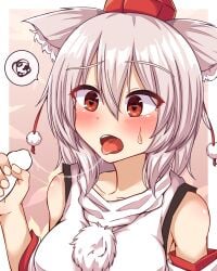 1other absurdres animal_ear_fluff animal_ears blush border breasts close-up collarbone commentary_request detached_sleeves disembodied_penis double-parted_bangs ears_down fellatio female fingernails gradient_background hair_between_eyes hat highres inubashiri_momiji large_breasts leaf leaf_background maple_leaf medium_hair open_mouth oral orange_background penis penis_grab pink_background pom_pom_(clothes) red_eyes red_hat red_trim saliva saliva_trail shirt siw0n speech_bubble spoken_squiggle squiggle sweatdrop teeth tokin_hat tongue tongue_out touhou upper_body upper_teeth_only white_border white_hair white_shirt wolf_ears wolf_girl