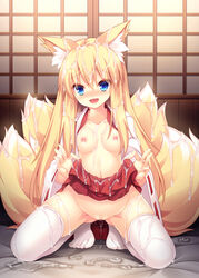 animal_ears blonde_hair blush breasts bukkake censored cum cum_on_body cum_on_breasts cum_on_clothes cum_on_hair cum_on_lower_body cum_on_tail cum_on_upper_body female fox_ears groin hakama hakama_lift hakama_skirt highres japanese_clothes kneeling lifted_by_self long_hair miko multiple_tails nipples no_bra no_panties open_clothes open_mouth open_shirt original pussy pussy_juice roshin shirt skirt skirt_lift small_breasts smile solo spread_legs tail thighhighs white_legwear white_shirt