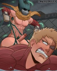 2boys abs age_difference armpit_hair blonde_hair boku_no_hero_academia cloudy_sky defeated_villain dominated gay green_hair hot_dogging human human_only imasuji_gouto izuku_midoriya looking_back male male_only masked masked_male mexicartist midoriya_izuku muscular_(my_hero_academia) my_hero_academia nude nude_male one_eye outside pubic_hair restrained teeth_clenched water