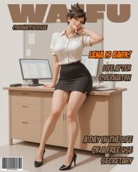 1girl ai_generated alternate arm artist at bangs black body breasts brown character closed collarbone collared computer costume cover desk dress earrings english eyes fake female footwear freckles full hair hand head heels high indoors jewelry laptop lips looking magazine makeup medium miniskirt mouth name nose overwatch overwatch_2 pencil pink rolled shirt short sitting skirt sleeves smile solo spiked support swept text tilt tracer up viewer white xsfmworks