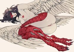 ama_dench_art anthro anus areola ass avian blue_eyes breasts european_mythology feathered_wings feathers feet female genitals greek_mythology harpy hi_res lips looking_at_viewer mythological_avian mythological_creature mythology nipples nude nude_anthro nude_female red_anus red_areola red_legs red_lips red_nipples red_vulva sharp_talons smile solo spread_wings talons toes vulva white_body white_breasts white_feathers white_wings wings