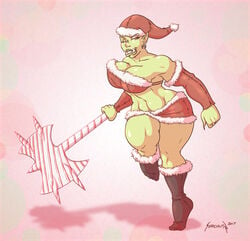 1girls axe candy_cane christmas female female_only green_skin holidays large_breasts midriff muscular_female orc orc_female pinup pointy_ears purple_eyes santa solo solo_female sorenutz thick