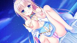 blonde_hair blush breasts cameltoe clothing clouds game_cg green_eyes kin'iro_loveriche long_hair night nipples no_bra open_shirt panties pussy_juice saga_planets sky sylvia_le_cruzcrown_sorfilege_sisua tagme_(artist) tiara wet