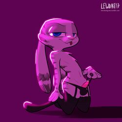 1boy 2017 anthro blue_eyes crossdressing disney ear_markings erection facial_markings fanartiguess fur_markings garter_belt garter_straps half-closed_eyes jack_savage kneeling lagomorph legwear looking_at_viewer male male_only mammal markings navel panties penis poking_out purple_background rabbit simple_background solo stockings tongue tongue_out topless underwear zootopia