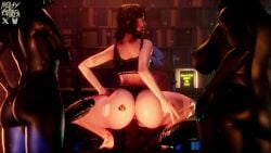 1girls 2futas 3d 4k absurd_res asian_female ass_focus big_penis black_hair blacked blacked_clothing blender clair_obscur:_expedition_33 dark-skinned_futa desk foreskin futanari huge_ass imminent_sex interracial library looking_back lune_(clair_obscur:_expedition_33) missyastrea nipple_piercing queen_of_spades self_upload spade_tattoo squatting tattoo twerking