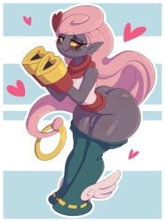 2025 abstract_background asian_mythology ass big_butt blush bottomwear bottomwear_down casanuva clothed clothing east_asian_mythology eyelashes femboy flaccid foreskin genitals green_bottomwear green_clothing green_pants grey_body hair heart_symbol hi_res humanoid humanoid_genitalia humanoid_penis humanoid_pointy_ears japanese_mythology level-5 male mythology open_mouth pants pants_down partially_clothed penis pink_hair pointy_ears red_eyes ring shirt solo standing topwear venela white_clothing white_shirt white_topwear wide_hips wings yellow_sclera yo-kai_watch yokai