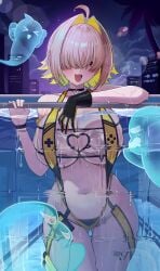 1girls absurdres ahoge black_gloves blonde_hair blurry bokeh breasts cleavage clothing_cutout colored_inner_hair depth_of_field elegg_(boom_and_shock)_(nikke) elegg_(nikke) female gloves goddess_of_victory:_nikke hair_intakes hair_over_eyes heart_cutout highres large_breasts looking_at_viewer multicolored_hair night night_sky oerba_yun_fang one-piece_swimsuit open_mouth partially_underwater_shot pool purple_eyes see-through_slingshot_swimsuit short_hair single_glove skin_fang sky slingshot_swimsuit smile sticker sticker_on_leg stomach suisen_(suisenhwa) swimsuit thighs two-tone_gloves yellow_gloves yellow_one-piece_swimsuit yellow_slingshot_swimsuit
