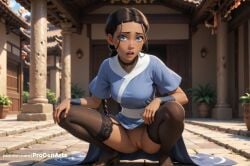 1girls ai_generated artist_name avatar_legends avatar_the_last_airbender black_choker black_hair black_thighhighs blue_dress blue_eyes braid breasts choker clothes_lift dark-skinned_female dark_skin day dress dress_lift hi_res jewelry katara lace-trimmed_legwear lace_trim lips long_hair looking_at_viewer medium_breasts nickelodeon nicktoons no_panties open_mouth outdoors pelvic_curtain plant potted_plant progenarts pussy sandals short_sleeves solo spread_legs squatting thighhighs uncensored upper_teeth_only