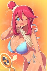 1girls @_@ bikini blue_eyes blush breasts dark-skinned_female dark_skin female gen_4_pokemon heat large_breasts long_hair mischiefmiz nintendo one_eye_closed pokemon pokemon_masters_ex red_hair rotom rotom_(fan) skyla_(pokemon) skyla_(summer_2025)_(pokemon) sweat swimsuit