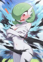 ai_generated convenient_censoring covering covering_breasts embarrassed embarrassed_nude_female exhibitionism forced_exposure gardevoir nintendo nude outdoors pokemon pokemon_(species) public public_nudity stadium torn_clothes video_games