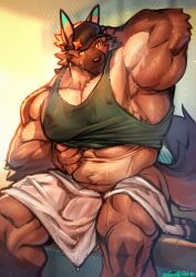 abs absurd_res after_exercise anthro balls barazoku big_muscles bodily_fluids bottomless brown_body brown_fur bulge canid canine canis clothed clothing detailed_bulge domestic_dog fur genital_outline genitals hat headgear headwear hi_res huge_muscles huge_thighs male male_only mammal manly mostly_nude muscular muscular_anthro muscular_arms muscular_legs muscular_male muscular_thighs penis_outline raised_clothing raised_shirt raised_tank_top raised_topwear shirt shirt_only solo solo_male sweat tail tank_top tank_top_only thick_arms thick_thighs topwear topwear_only towel vorusuarts
