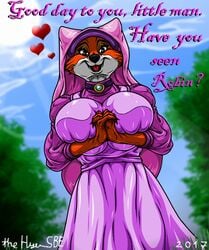 big_breasts breasts disney dress female_fox fox furry hands_clasped hat hood inviting looking_at_viewer maid_marian necklace robin_hood_(disney) smile thehyenassbe