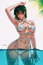 1girls bare_arms bare_legs bare_shoulders bare_thighs big_breasts bikini bikini_bottom bikini_top blush clothed clothing color female female_focus female_only fubuki_(one-punch_man) green_eyes green_hair hi_res large_breasts light-skinned_female light_skin looking_at_viewer one-punch_man prixmal short_hair solo solo_female tagme thick_thighs water