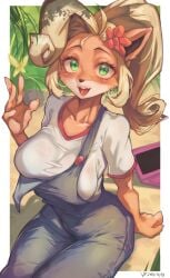 1girls absurdres aged_up ahoge animal_ears animal_nose blonde_hair body_fur border breasts brown_fur coco_bandicoot collarbone computer crash_(series) dated day eipelppa female fingernails flower furry furry_female green_eyes hair_flower hair_ornament hand_on_ground hand_rest hand_up highres iepelppa iparupua iparuputsua ipelppa laptop large_breasts long_hair looking_at_viewer multicolored_fur on_ground open_mouth outdoors overalls shirt short_sleeves single_strap sitting smile snout solo t-shirt tongue white_border