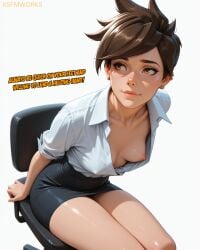1girl ai_generated alternate artist background bangs black bra breast breasts brown chair closed clothes collarbone collared costume downblouse dress ear earrings english eyelashes eyes female freckles hair jewelry legs lips looking makeup miniskirt mouth nipple nipple_slip nipples nose oblivious office overwatch piercing pink rolled shirt short side simple sitting skirt sleeves small smile solo spiked text thighs tracer unbuttoned voyeur xsfmworks