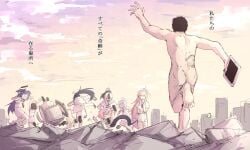 1boy 6+girls ako_(blue_archive) ass ayane_(blue_archive) ayumu_(blue_archive) black_hair black_shoes blonde_hair blue_archive blue_hair building cfnm clothed_female_nude_male cloud cloudy_sky coat comic completely_nude dress evening falling fleeing from_behind halo hanako_(blue_archive) hand_to_own_mouth himari_(blue_archive) holding holding_tablet_pc jacket kankan33333 kayoko_(blue_archive) light_blue_hair long_hair low_wings male_focus medium_hair momoka_(blue_archive) multicolored_hair multiple_girls nude only_one_naked outdoors panicking pink_hair pointy_ears ponytail rin_(blue_archive) rubble running scar scar_on_back scar_on_stomach screaming sensei_(blue_archive) shoes short_hair sigh sky tablet_pc tail thinking translation_request tripping turning_around two-tone_hair utnapishtim_operator_uniform_(blue_archive) very_long_hair waving wheelchair white_dress white_hair wings yuuka_(blue_archive)