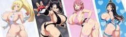 4girls aged_up alternate_breast_size ass big_breasts bikini black_bikini black_hair blonde_hair breasts breasts_bigger_than_head female female_only game_freak green_eyes hitokiwa_kenchin huge_breasts lacey_(pokemon) lida_(pokemon) light-skinned_female light_skin lillie_(pokemon) marnie_(pokemon) mature mature_female musical_note nintendo nipple_bulge nipple_slip nipples one-piece_swimsuit pink_bikini pink_hair pokemon pokemon_legends:_z-a pokemon_sm pokemon_sv pokemon_swsh ponytail sling_bikini solo thick_eyebrows white_bikini wink
