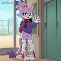 2025 ai_generated backpack blaze_the_cat bottomless casual_exposure day female furry happy headphones headphones_around_neck long_sleeves looking_at_viewer medium_breasts open_mouth public_exposure pussy school shoes smiling sonic_(series) stable_diffusion standing stockings sweater watermark waving