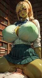 ai ai-created ai_art ai_generated big_breasts blonde_hair boobs_bigger_than_head bowtie breasts brown_eyes clothed clothed_female clothing cock cowgirl_position cum cum_in_pussy cum_inside cum_on_thighs dnd dnd_character dungeons_and_dragons earrings female female_on_top gigantic_breasts glasses gold_earrings green-skinned_female green_skin hips huge_boobs huge_breasts human human_male human_on_orc indoors library light-skinned_male light_skin long_hair looking_at_viewer male male/female massive_breasts monster_girl no_panties open_mouth orc orc_female orc_on_human orced penis pleated_skirt ponytail skirt spread_legs thick_thighs thighs tits_bigger_than_head vaginal vaginal_penetration vaginal_sex