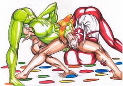 2girls areolae breast_sucking breasts collaborative_fellatio fellatio green_eyes green_hair green_skin horns huge_breasts humanoid malice muscles muscular_female nipples nude oral orange_hair penis pointy_ears red_skin shrapnel_(character) sucking_testicles teamwork terris tim_ely twister white_hair