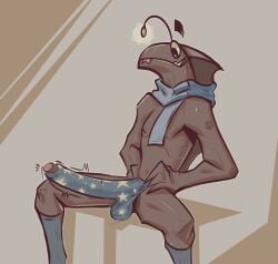 2025 4_fingers anthro balls biped blue_clothing blue_footwear blue_scarf blue_socks bodily_fluids brown_background brown_body brown_nipples brown_penis brown_skin clothing cock_sock digital_drawing_(artwork) digital_media_(artwork) dracks eel erection eyebrows fin fingers fish floating_eyebrows footwear foreskin front_view genital_fluids genitals gills glans grey_glans head_fin hi_res humanoid_genitalia humanoid_penis illicium lexie_(dracks) long_penis looking_down male marine mostly_nude motion_lines navel nipples penis penis_clothing precum retracted_foreskin scarf sharp_teeth simple_background sitting socks solo teeth thick_eyebrows tongue tongue_out