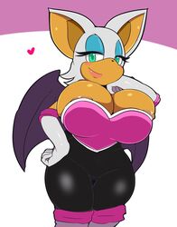 anthro bat bat_wings big_breasts blue_eyeshadow breasts cleavage elbow_gloves female female_only gloves huge_breasts large_breasts rouge_the_bat runbasamba shortstack solo solo_female sonic_(series) sugaru tan white_hair