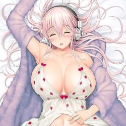 armpits belly_button bow breasts cleavage closed_eyes clothes_lift female female_focus food_print fruit_print headphones large_breasts long_hair lying navel nipple_bulge nitroplus official_art on_back open_clothes pink_hair purple_sweater red_bow sheets sleeping smile solo strawberry_print super_sonico sweater sweater_lift tsuji_santa