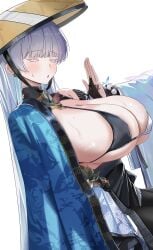 absurdres arms_up bead_bracelet beads bikini bikini_top_only blue_haori blunt_bangs blush bracelet breasts bridal_gauntlets buta_dong cleavage closed_eyes commentary dutch_angle english_commentary female goddess_of_victory:_nikke hand_up haori hat highres huge_breasts japanese_clothes jewelry jingasa kimono long_hair mole mole_on_breast nayuta_(nikke) open_mouth print_haori print_kimono revision sideboob simple_background solo string_bikini sweatdrop swimsuit thick_eyelashes underboob very_long_hair white_background white_hair