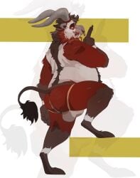 2023 anthro bovid bovid_horn bulge caprine caprine_demon caprine_horn christmas clothed clothing cloven_hooves demon facial_piercing goat_demon hi_res holidays hooves horn jockstrap jockstrap_only krampus looking_at_viewer male male_anthro mammal mature_male nose_piercing overweight overweight_anthro overweight_male piercing rumash shush side_view skimpy solo standing step_pose tongue tongue_out topless underwear underwear_only