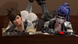 2girls 3d alternate_costume ass bigboy4025 bodysuit dat_ass female female_only gloves human laying_down overwatch pose posh_tracer presenting talon_widowmaker thigh_strap tights tracer widowmaker