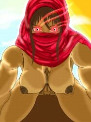 2k arabian_female boobs_out cowgirl_position desert dominant_female evil_eyes evil_female eye_contact first_person_view ghula glowing_eyes hijab hijabi image large_breasts muscles muscular_female muslim_female olive_skin pov sunny