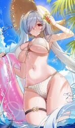 absurdres alternate_costume arm_up armpits bikini black_nails breasts cinderella_(nikke) cleavage commentary commission cowboy_shot female from_below front-tie_bikini_top front-tie_top goddess_of_victory:_nikke grin groin hair_over_one_eye hat highres holding holding_swim_ring huge_breasts innertube long_hair looking_at_viewer navel one_eye_covered pink_innertube pixiv_commission red_eyes smile solo standing stomach straw_hat suisen_(suisenhwa) swim_ring swimsuit teeth thigh_strap twintails very_long_hair wading wet white_bikini white_hair