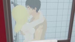 1boy1girl arms_behind_anothers_head attack_on_titan behind_glass blonde_female blonde_hair bottomless breast_press breasts_against_chest breasts_pressed_against_partner closed_eyes couple_(romantic) dark_brown_hair embrace embracing_each_other erehisu eren_jaeger historia_reiss im_whoop kissing kissing_partner knobs light-skinned_female metal_frame mikumikudance muscular_male naked naked_female naked_female_naked_male naked_female_with_naked_male naked_male see-through shingeki_no_kyojin shower showerhead showering showering_together tbomb100 tiled_wall towel