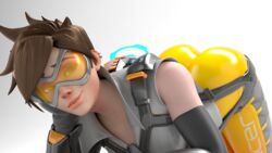 3d ass brown_hair buttsfm clothed dat_ass female female_only looking_at_viewer overwatch short_hair solo tracer