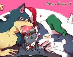 animal_crossing anthro apollo_(animal_crossing) avian bald_eagle bird canine christmas clothing eagle erection fellatio group group_sex holidays interspecies licking lobo_(animal_crossing) male mammal nintendo ohjing1004 oral penis sex threesome tongue tongue_out two_subs_one_dom video_games wolf wolfgang_(animal_crossing) yaoi yeonok104