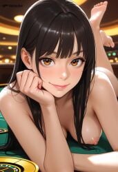 1girls ai_generated big_ass black_hair brown_eyes casino casino_card_table casino_table clitoral_hood clitoris closed_mouth completely_nude depth_of_field dtkai female foreshortening head_on_arm head_rest jabami_yumeko kakegurui large_breasts looking_at_viewer medium_ass medium_breasts nipples on_stomach perspective pussy pussy_juice the_pose toes vagina