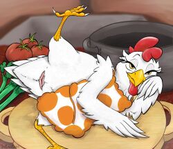 ajinomoto animal_genitalia apron apron_only avian beak bird chicken cloaca clothing dona_gusta feathers female feral galliform gallus_(genus) genitals hi_res la_gallina_de_dona_gusta lying phasianid solo spread_legs spreading tail urefunest