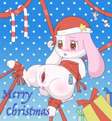 artist_request bound brown_eyes christmas_hat female furry happy_happy_clover mallow_(hhc) pussy solo uncensored