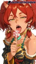 1girls 2025 ai_generated artist_name bare_shoulders candy dead_or_alive earrings electroworld female food fur_trim green_eyes half-closed_eyes hi_res high_quality high_resolution highres horns jewelry kanna_(dead_or_alive) licking off_shoulder open_mouth oral_invitation patreon patreon_username red_hair short_hair stable_diffusion tongue tongue_out watermark