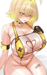 1girls @_@ ahoge blonde_hair breasts capycapy choker curvy elegg_(boom_and_shock)_(nikke) elegg_(nikke) female gloves goddess_of_victory:_nikke hair_intakes highres large_breasts navel purple_eyes short_hair simple_background single_glove sitting slingshot_swimsuit solo stomach swimsuit thighs white_background yellow_slingshot_swimsuit