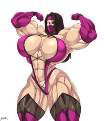 2d abs biceps big_muscles black_hair breasts cleavage elbow_gloves extreme_muscles female flexing gloves hair_over_one_eye huge_breasts kunoichi long_hair looking_at_viewer mask mileena mortal_kombat muscles muscular_female pose solo thick_thighs thighs zetarok