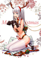 1futa absurdres antlers bar_censor bare_shoulders bell bell_collar blue_eyes bondage bound breasts censored christmas collar erection futa_only futanari high_heels highres hooves intersex long_hair naked_ribbon navel nipple_piercing nipples original penis penis_ribbon pet_play piercing reindeer_antlers ribbon seiza silver_hair sitting solo thighhighs uio7897 white_legwear